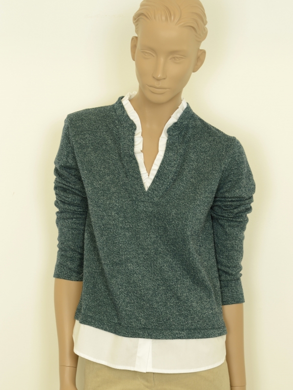 3583 Jersey de cuello rizado combinado con popelin